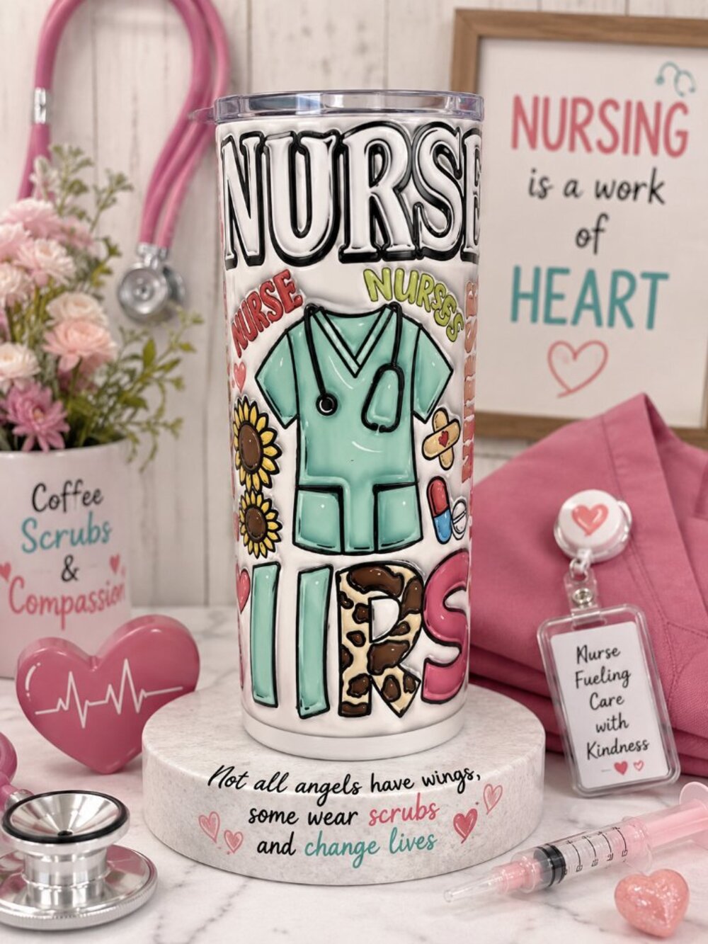 Nurse-Themed Tumbler with Mint Green Scrubs Graphic